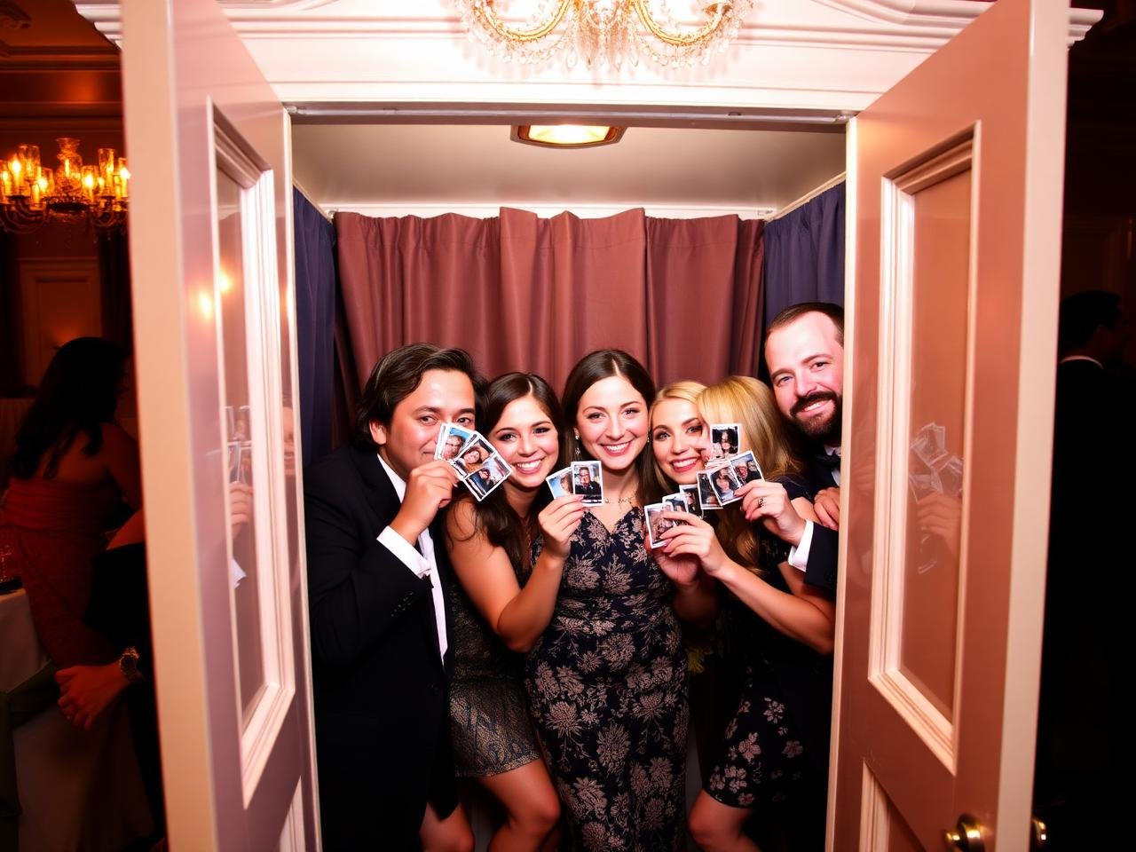 Cabine fotográfica com convidados segurando fotos impressas