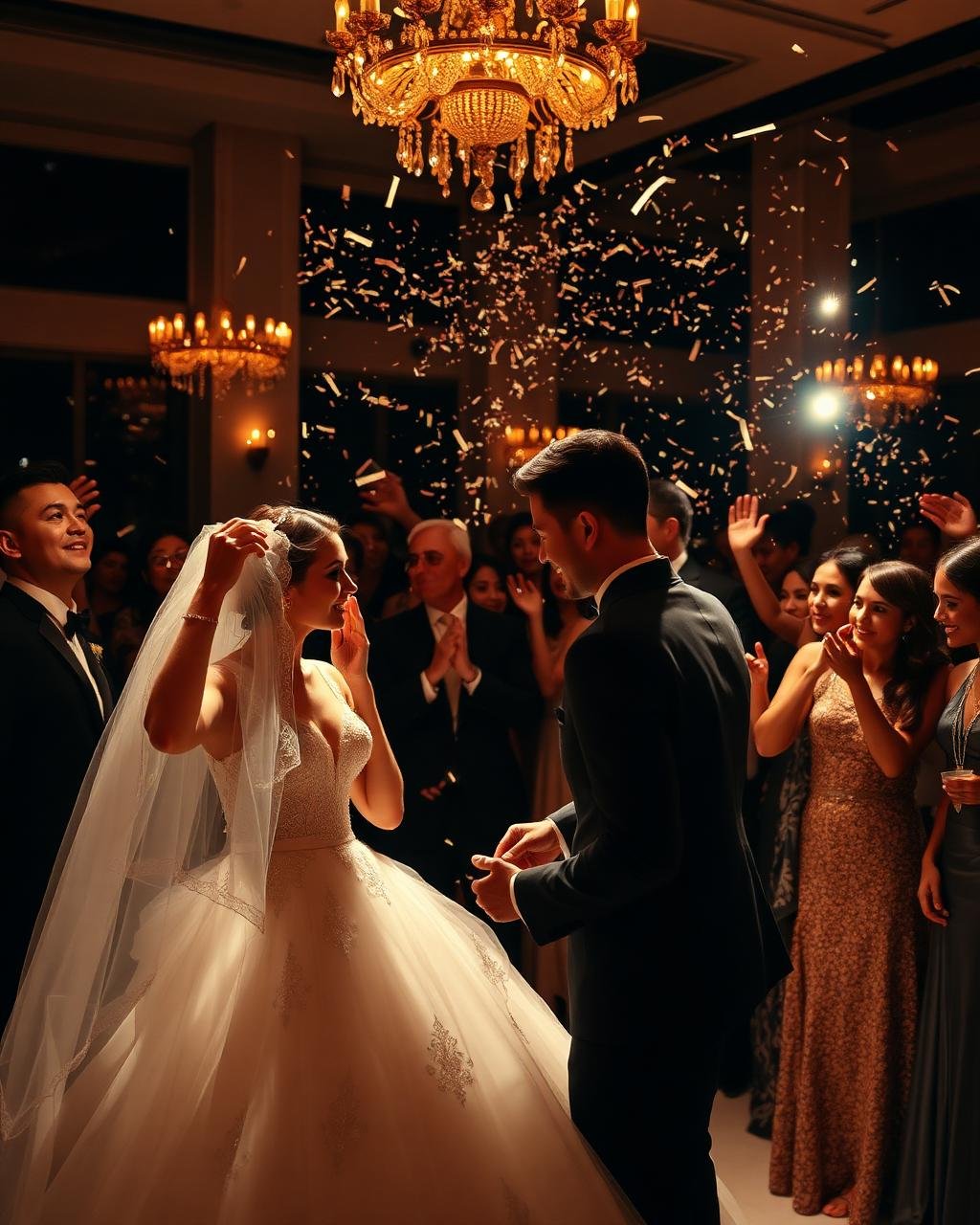Noivos celebrando com convidados em uma recepção de casamento