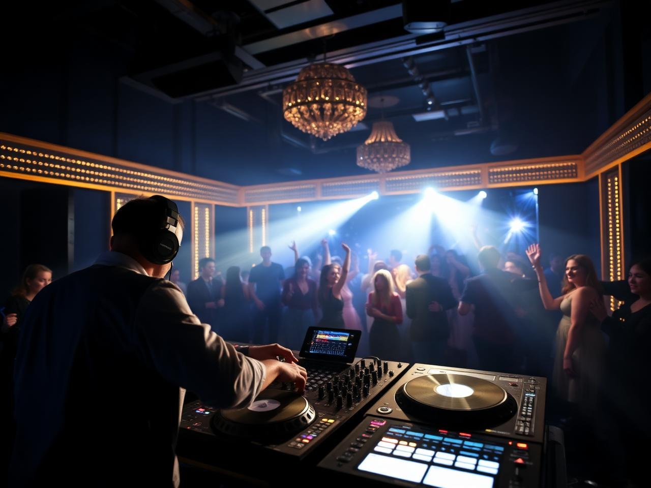 DJ tocando em uma festa de luxo com iluminação dourada