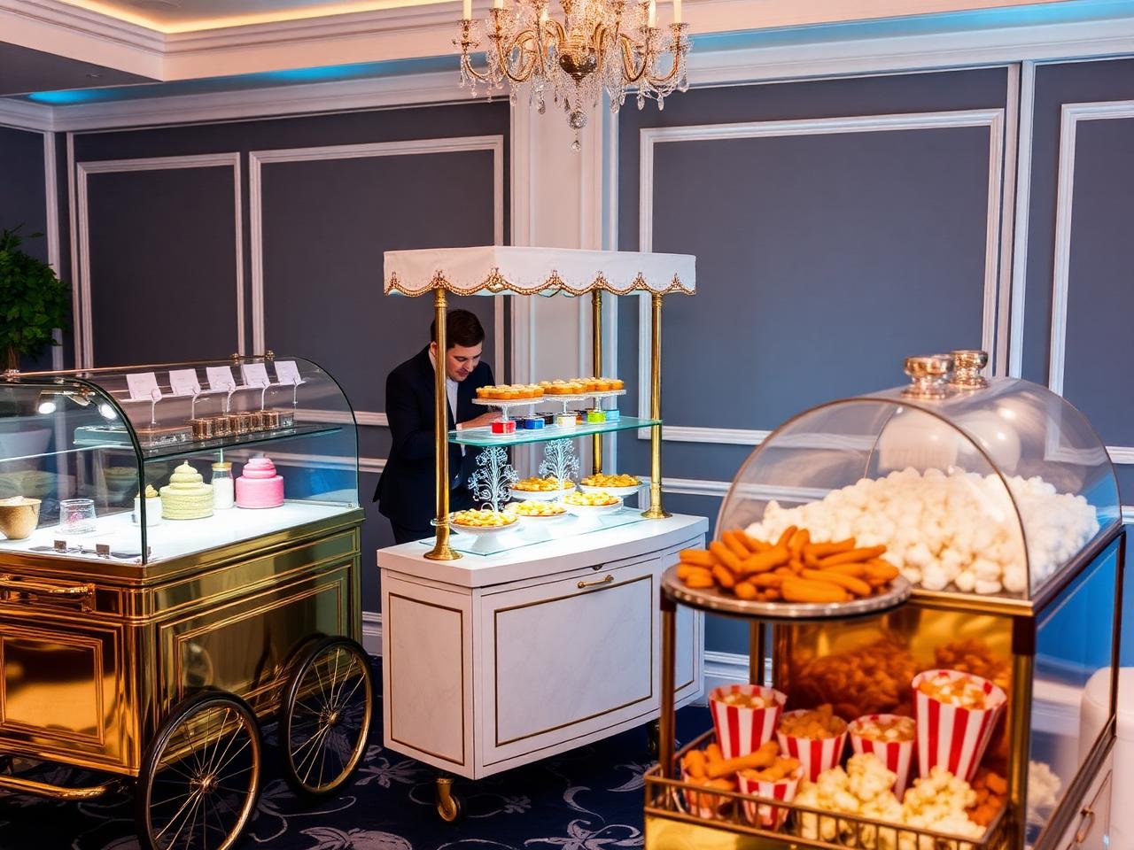 Estação gourmet com sorvetes, churros e pipoca em um evento de luxo