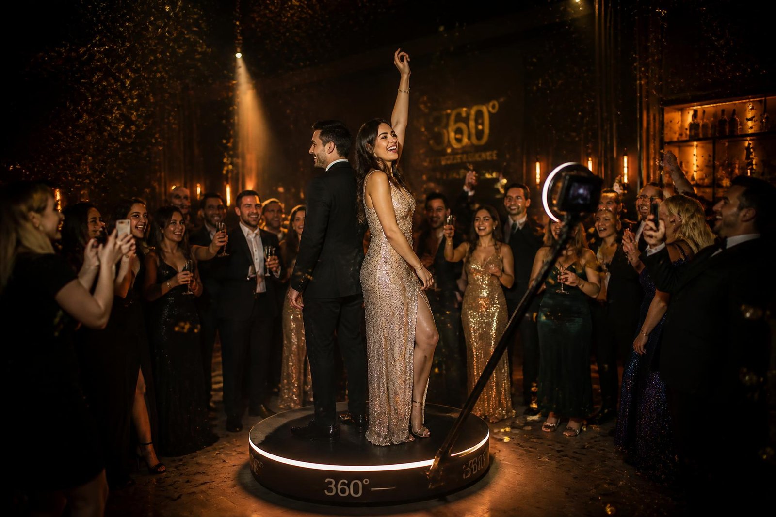 Convidados se divertindo em uma plataforma 360 durante uma festa sofisticada